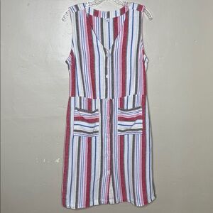 OLD NAVY Red Striped Linen Blend Sun Drenched Button Front Casual Shirt Dress Lg